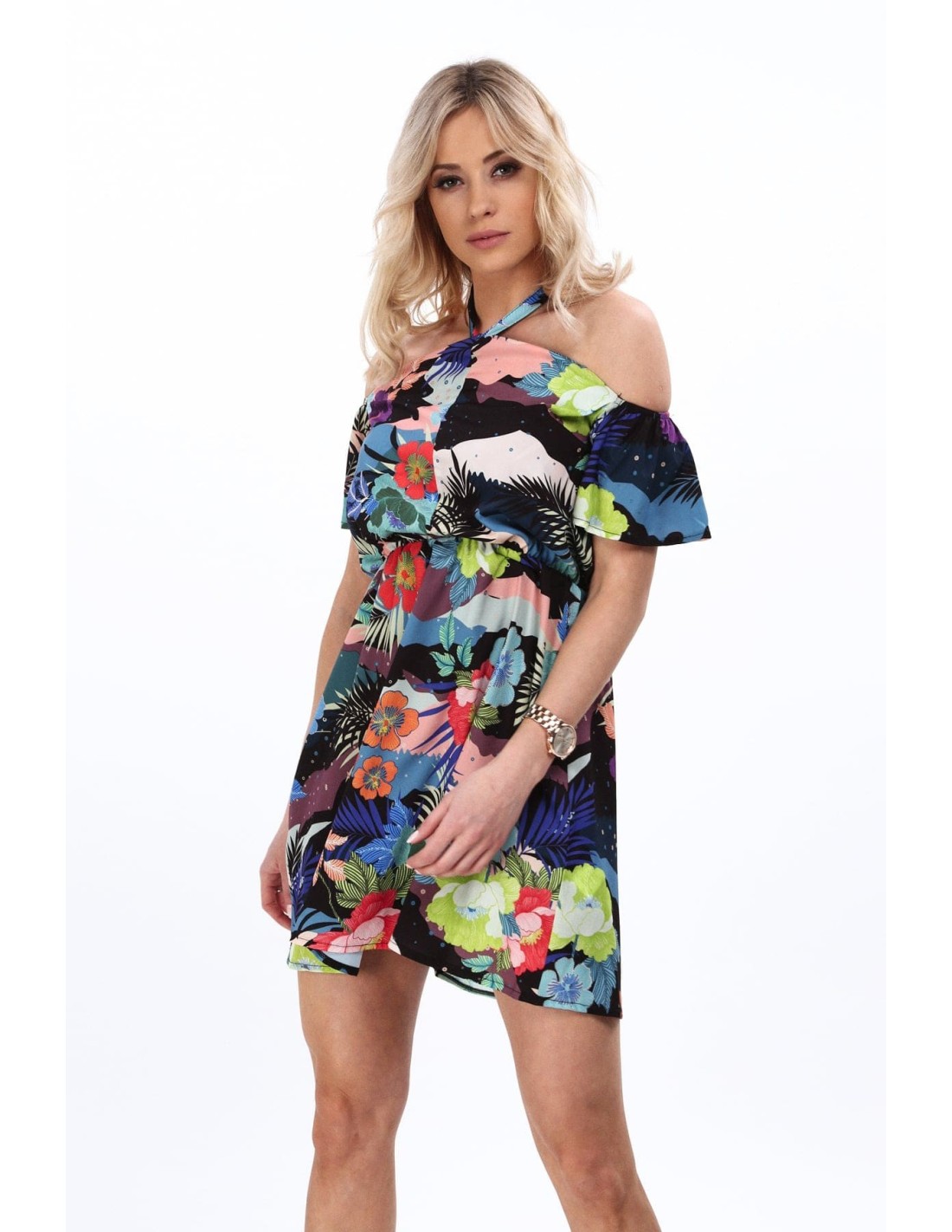 Rochie florala legata la gat, neagra MP60447 - Magazin online - Boutique